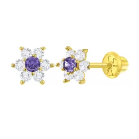 14k Gold Plated AAA White and Lavender CZ Flowers Baby Children Screw Back Earrings