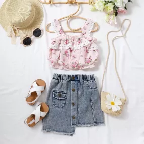 2023 Summer New Girls' Short-sleeved Suit with Suspender Floral Top Washing Denim Irregular Skirt Two-piece Set