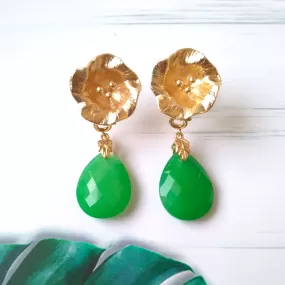 3 Pistil with Green Jade Brass Stud Earrings