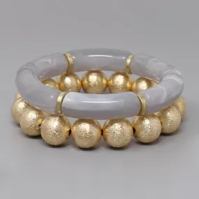 Acetate Tube & Textured Metal Bead Stretch Bracelet Set