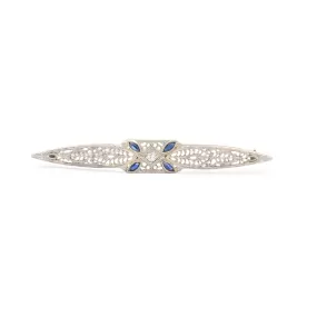 Antique Art Deco 14K White Gold Filigreed Diamond Sapphires Brooch