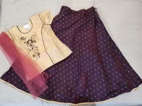 Beautiful Beige And Burgundy Color Raw Silk Lehenga Set For Kids