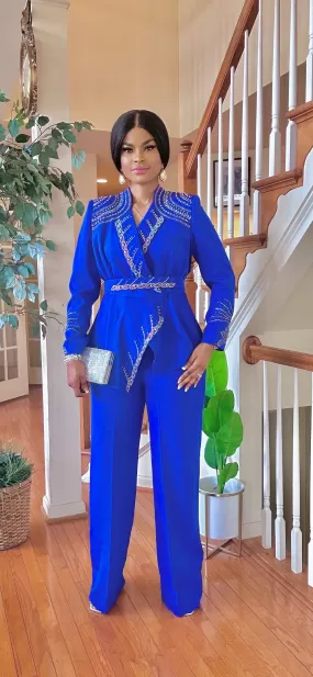 BELTED 2 PIECE PANT SUIT SET(ROYAL BLUE)