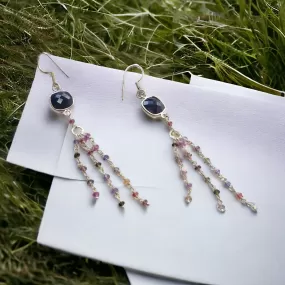 Blue & Multi Sapphire Gemstone 925 Sterling Silver Beaded Earrings : 4.66gms Natural Sapphire Drop Dangle Statement Hook Earring 3.25"