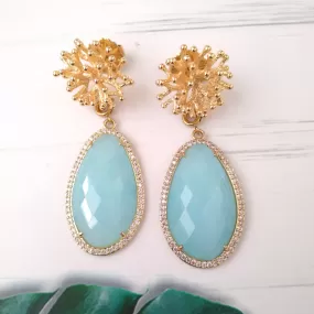 Branch Coral Stud with Haloed Blue Chalcedony Long Drop Earrings