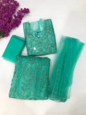 Gorgeous Aqua Green Designer Mirror And Embroidery Work Choli Sets With Shrug For Girls