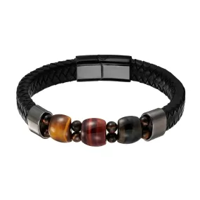 Natural Tiger Eye Stone Chakra Charm Stainless Steel Men's Genuine Leather Bracelet