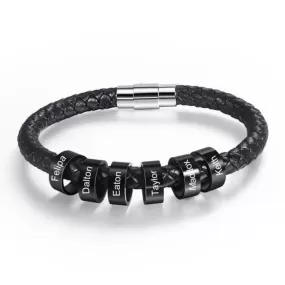 Personalized 6 Name Beads Men Leather Bracelet