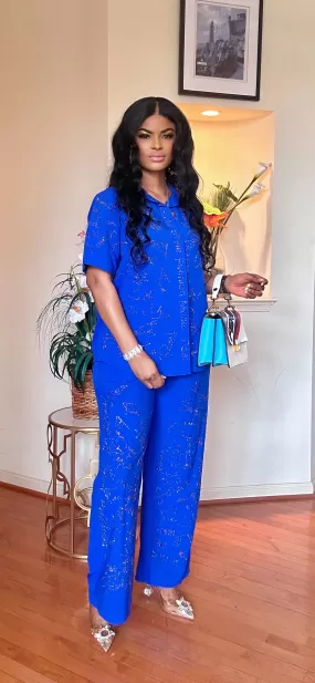 RHINESTONE SHIRT/PALAZZO PANT SET(ROYAL BLUE)