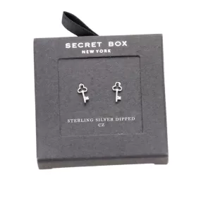 Secret Box Sterling Silver Dipped CZ Clover Key Stud Earrings