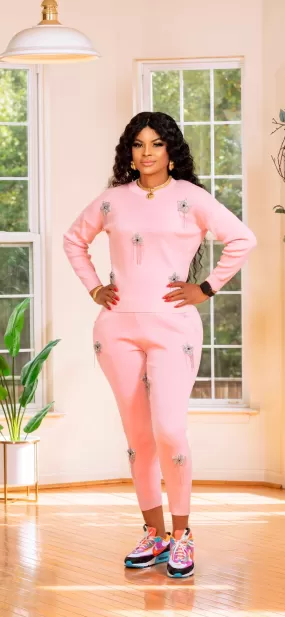 STARS SEQUINS KNIT RHINESTONES JOGGER SET(PINK )