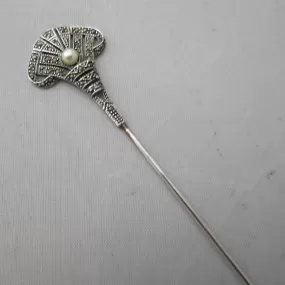 Sterling Silver Cultured Pearl And Marcasite Hat Pin Vintage c1980