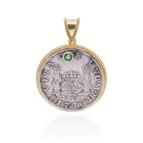 STEVEN BATTELLE 18K YELLOW GOLD FRAMED ANCIENT COIN PENDANT WITH BEZEL-SET EMERALD