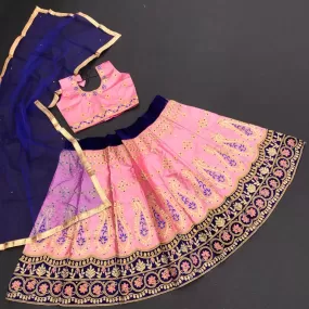 Traditional Wear Pink Embroidery Work Velvet Satin Kids Lehenga Choli